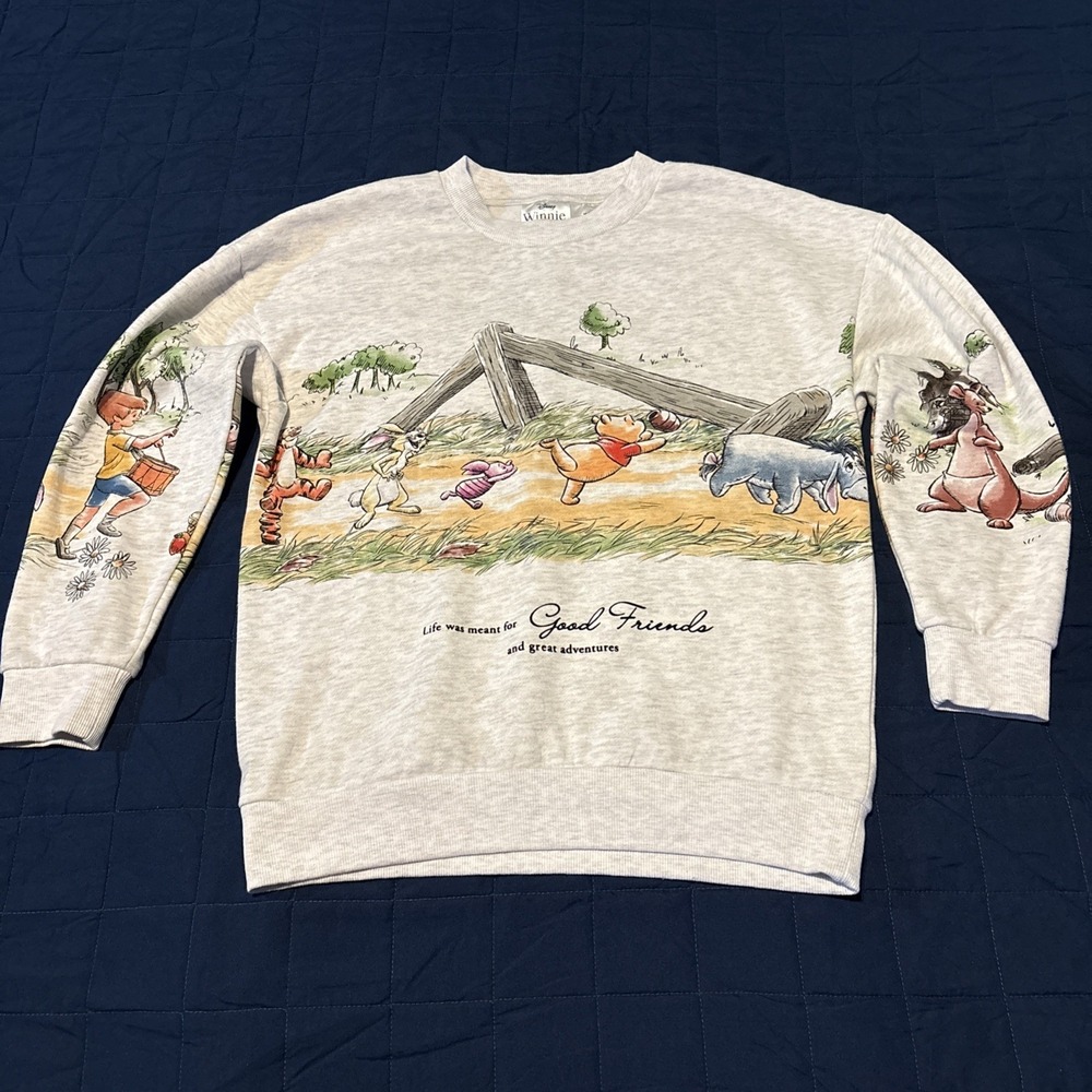 Winnie The Pooh Sweater Sz XS Light Grey "Good Friends" Disney Tigger Piglet